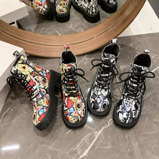 Graffiti Print Combat Boots with Colorful Street Art Design - Onestop clothes shop