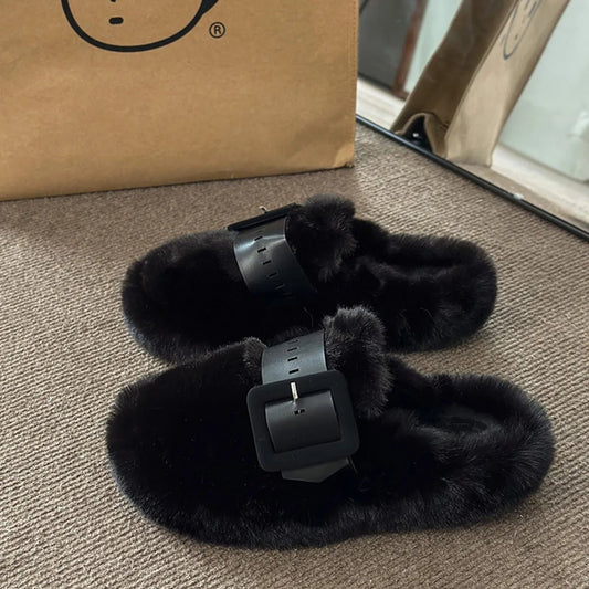 Faux Fur Buckle Slippers - Onestop clothes shop