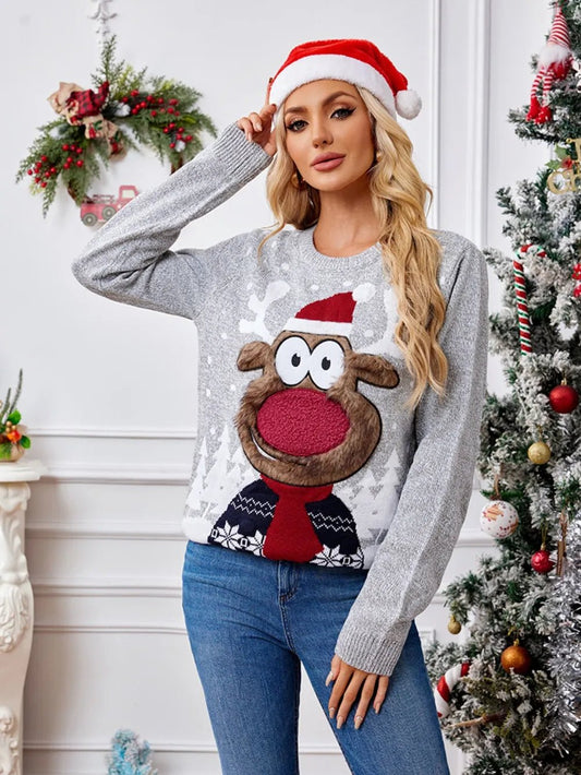 Reindeer Round Neck Long Sleeve Sweater - Onestop clothes shop