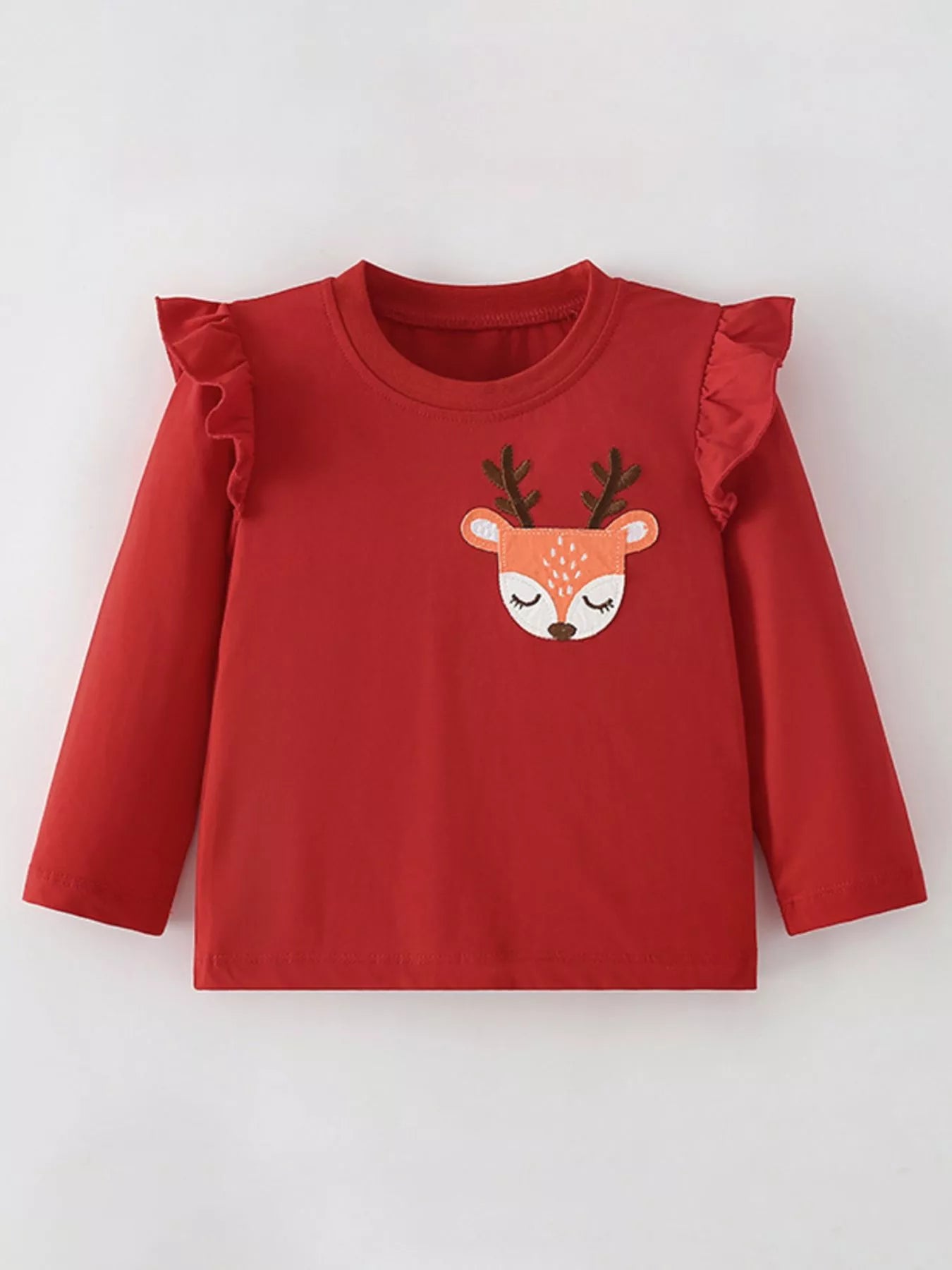 Children's Deer Applique Ruffle Trim Long Sleeve T-Shirt - Onestop clothes shop