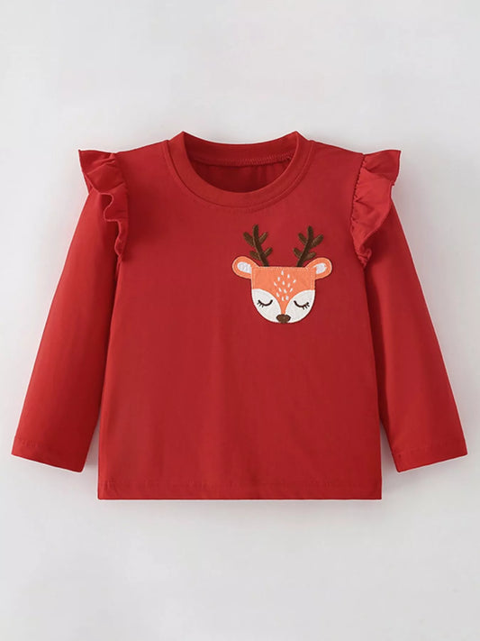 Children's Deer Applique Ruffle Trim Long Sleeve T-Shirt - Onestop clothes shop