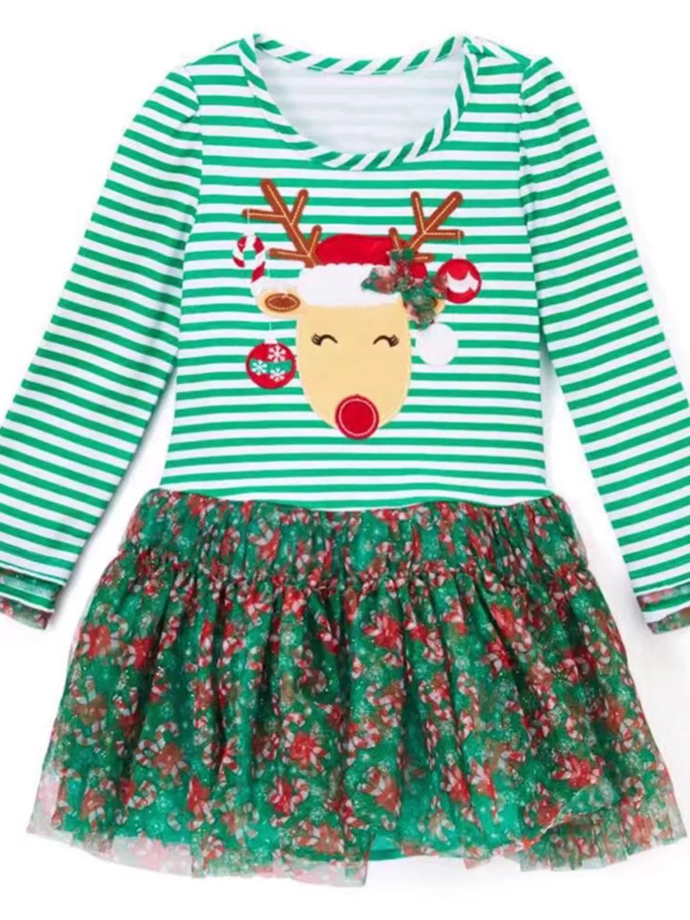 Children's Christmas Reindeer Applique Striped Long Sleeve Dress - Onestop clothes shop