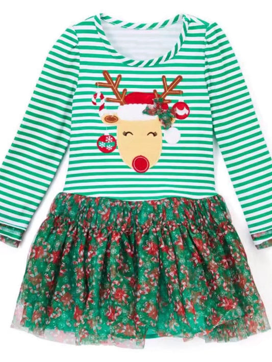 Children's Christmas Reindeer Applique Striped Long Sleeve Dress - Onestop clothes shop