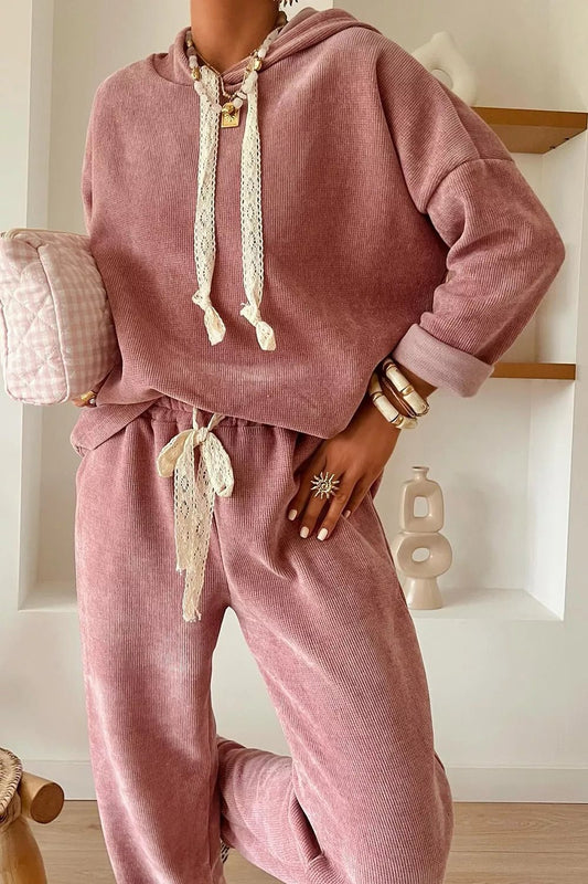 Lace Detail Dropped Shoulder Hoodie and Pants Set - Onestop clothes shop
