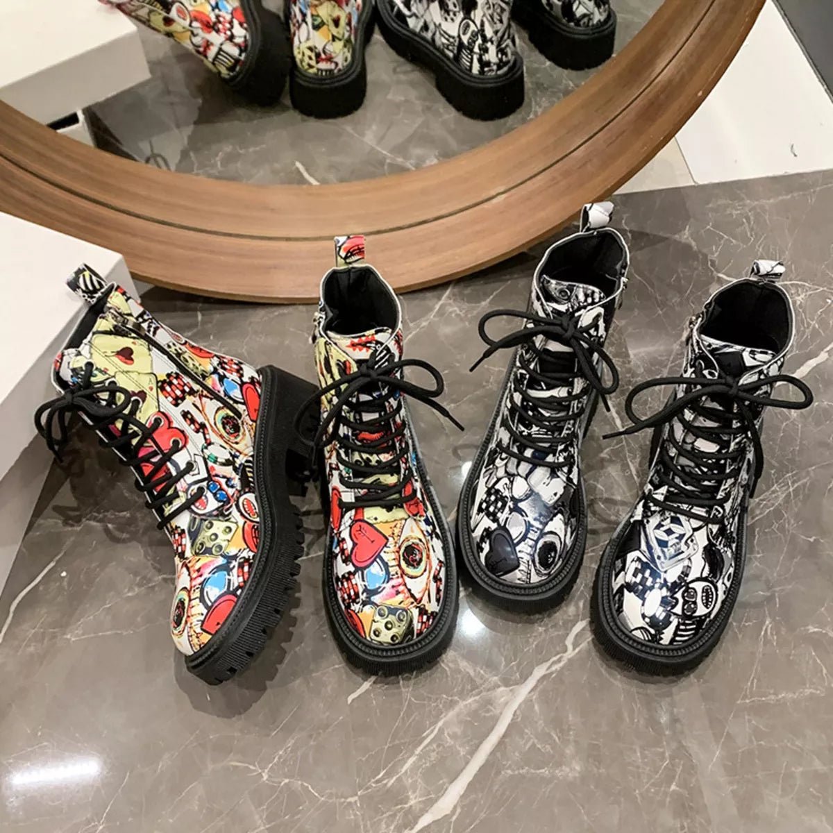 Graffiti Print Combat Boots with Colorful Street Art Design - Onestop clothes shop