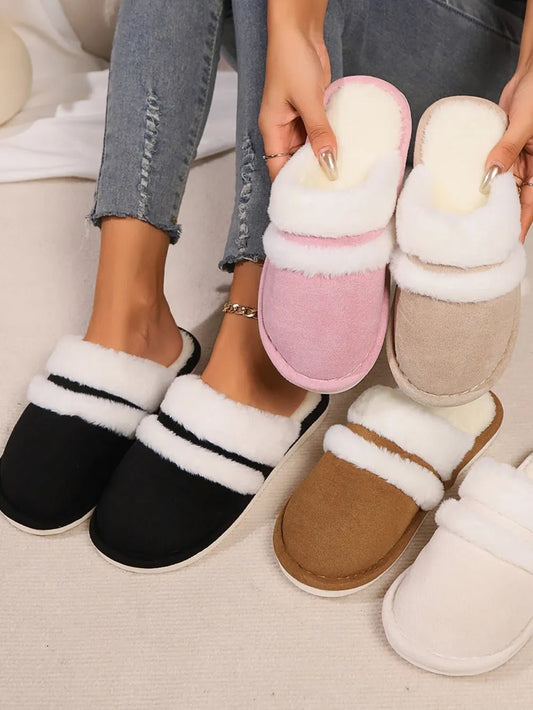 Contrast Faux Fur Round Toe Slippers - Onestop clothes shop