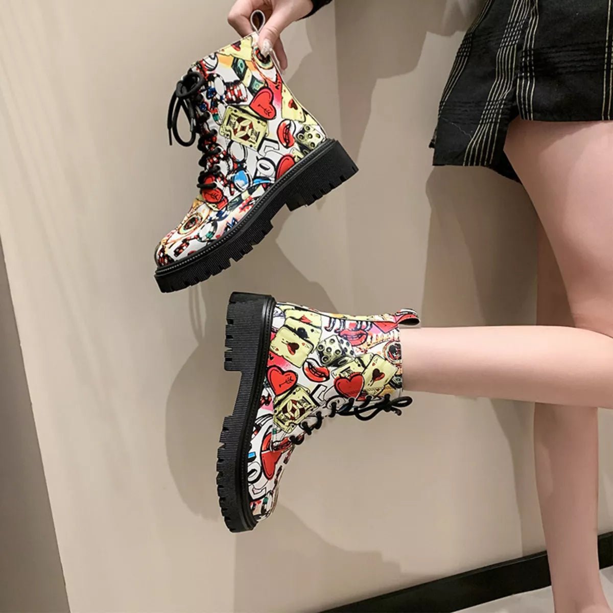 Graffiti Print Combat Boots with Colorful Street Art Design - Onestop clothes shop