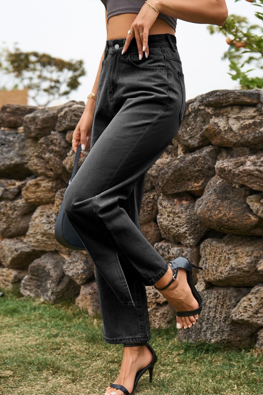 High Waist Loose Fit Ankle Slit Jeans - Onestop clothes shop