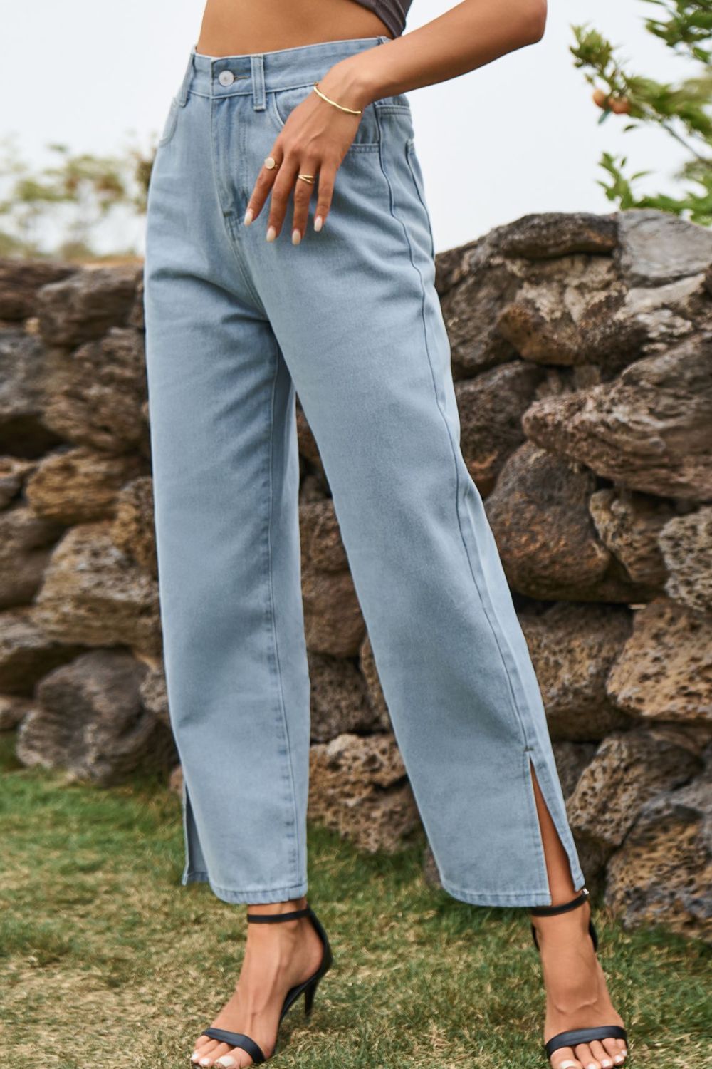 High Waist Loose Fit Ankle Slit Jeans - Onestop clothes shop