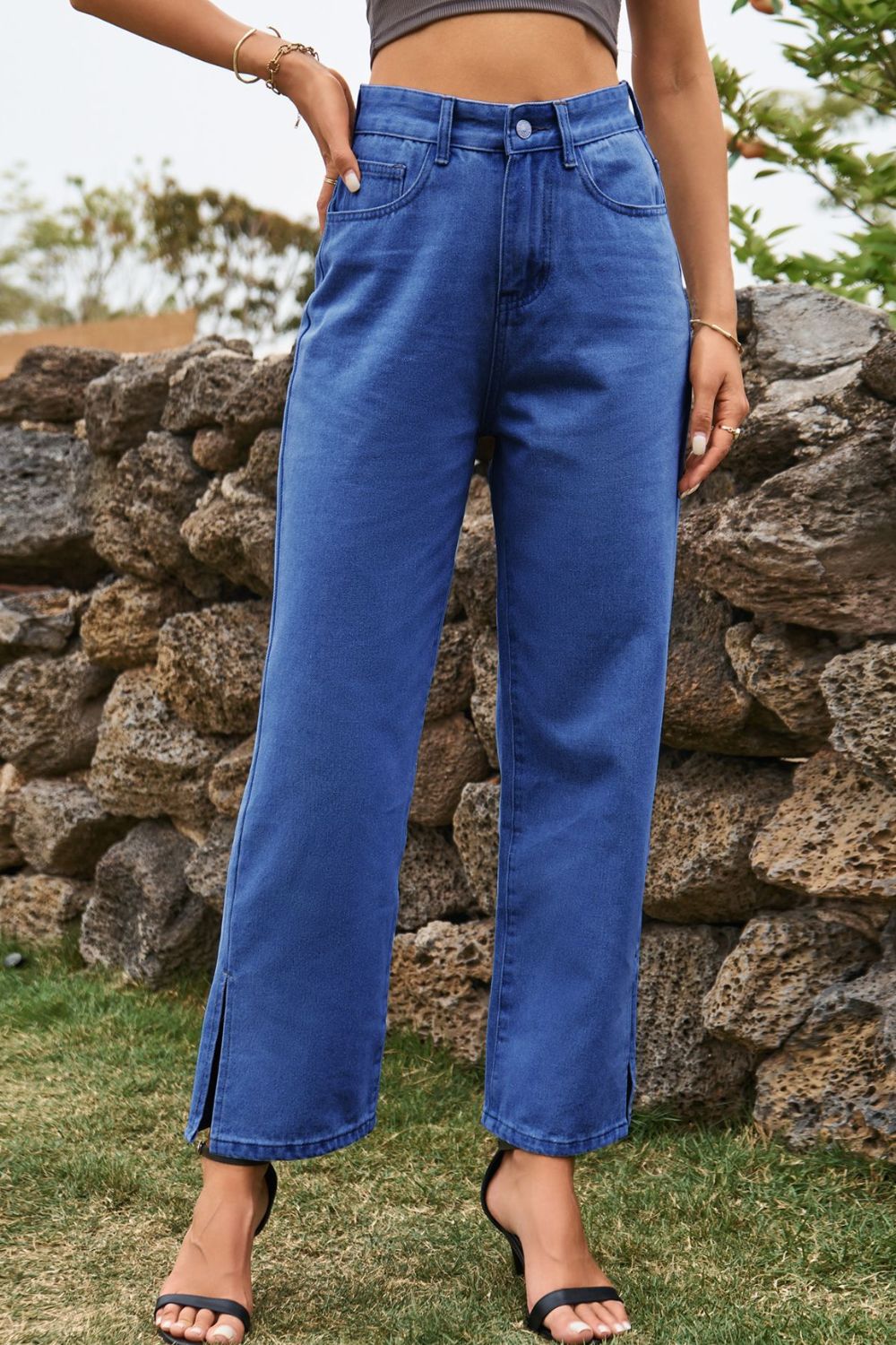 High Waist Loose Fit Ankle Slit Jeans - Onestop clothes shop