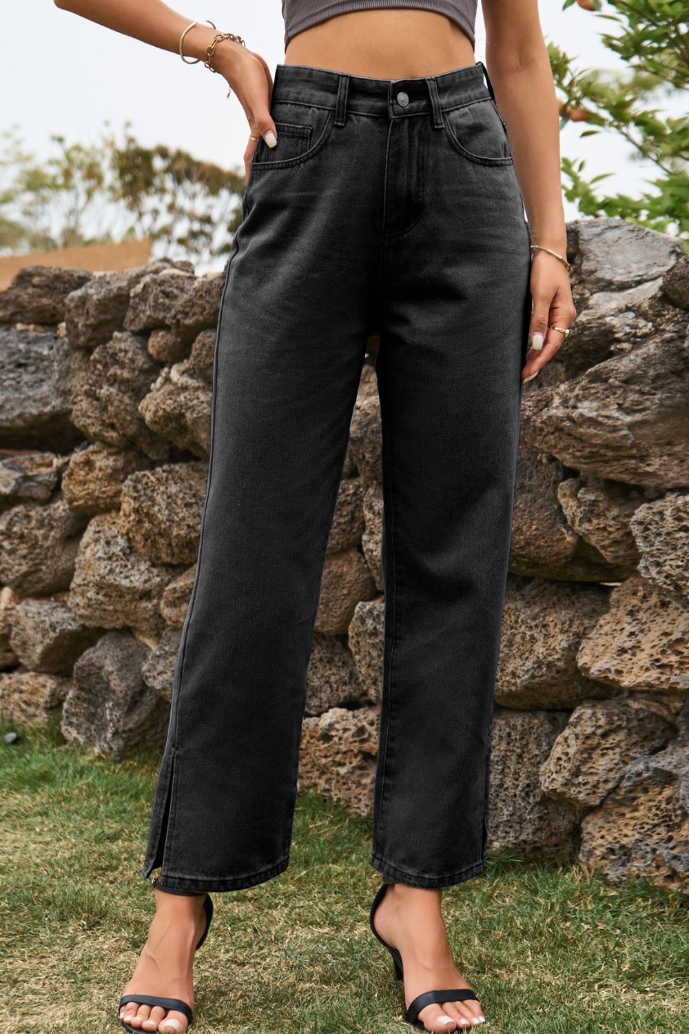 High Waist Loose Fit Ankle Slit Jeans - Onestop clothes shop