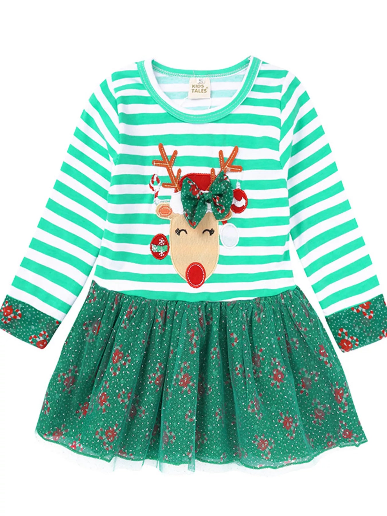 Children's Christmas Reindeer Applique Striped Long Sleeve Dress - Onestop clothes shop