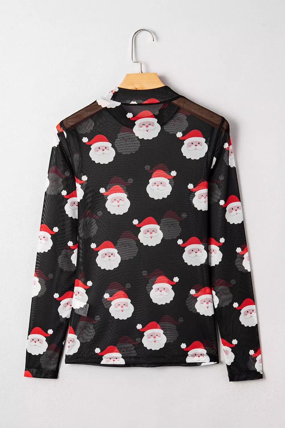 Christmas Santa Print Mesh Long Sleeve Top - Onestop clothes shop