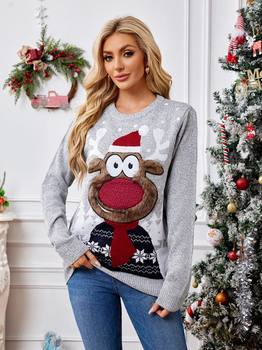 Reindeer Round Neck Long Sleeve Sweater - Onestop clothes shop