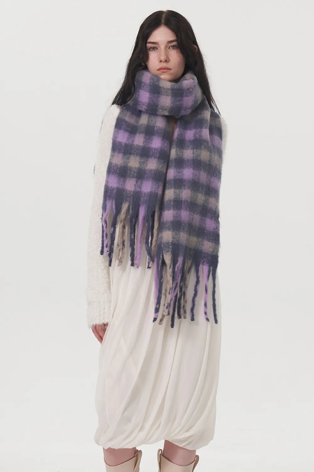 Fringe Plaid Polyester Scarf - Onestop clothes shop