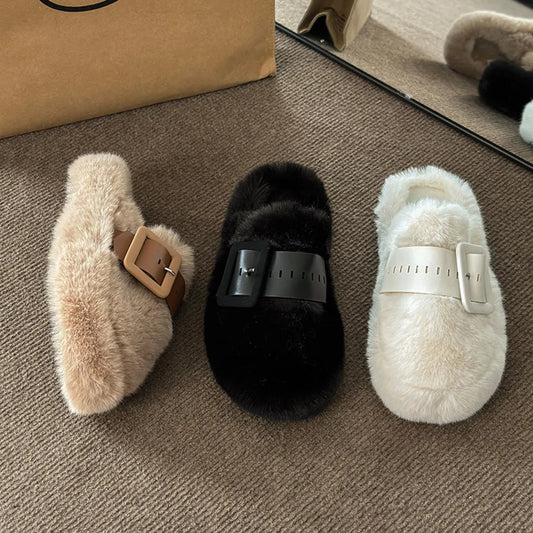 Faux Fur Buckle Slippers - Onestop clothes shop