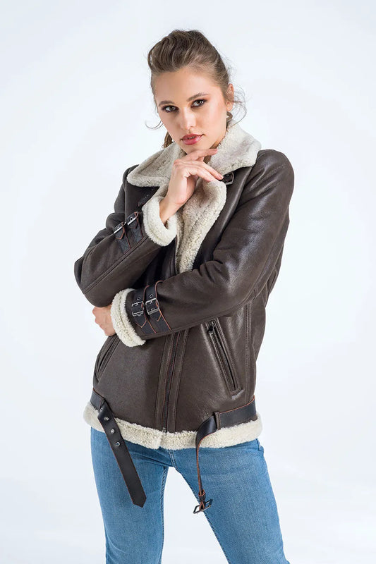 Brown Biker Bomber Sheepskin Jacket with Cream Shearling Fur