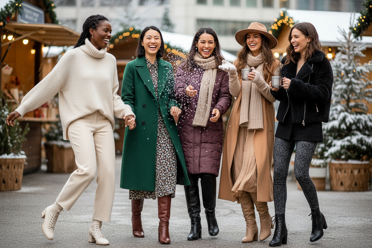 a playful image with diffrent women from diffrent ethnic backgrounds showcasing different stylish clothes for the cold months ahead