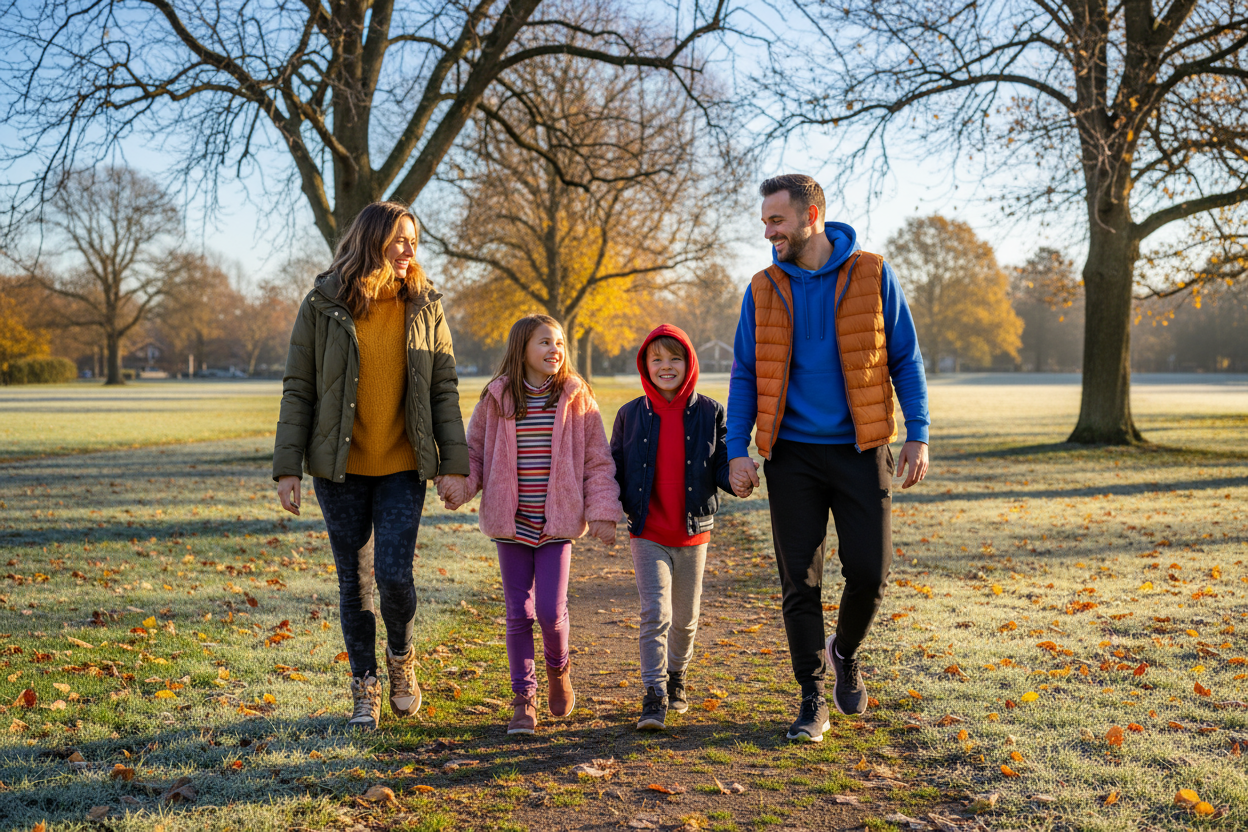 an image of a family walking in the park in stylish comfy clothes its a cold but bright morning use bright colours