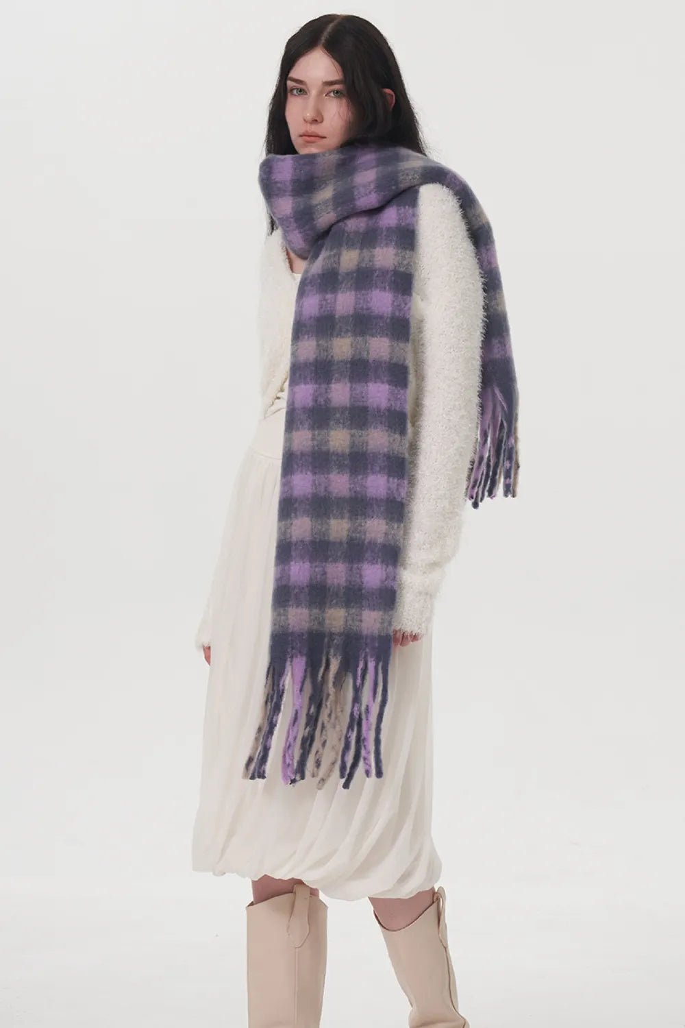 Fringe Plaid Polyester Scarf - Onestop clothes shop