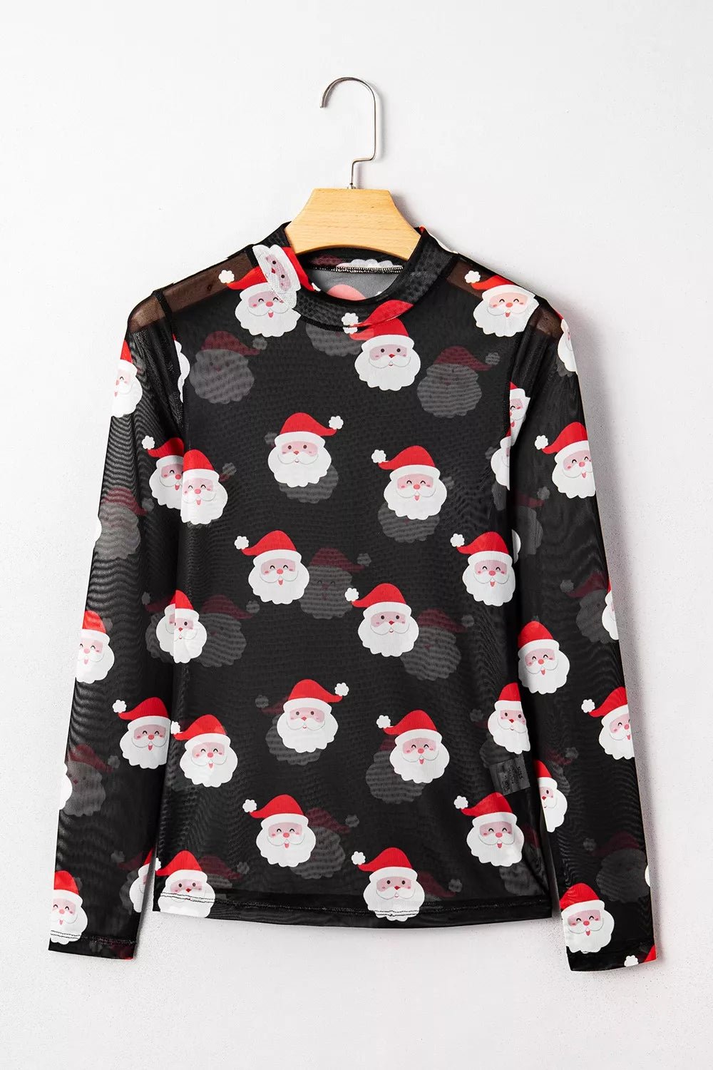 Christmas Santa Print Mesh Long Sleeve Top - Onestop clothes shop