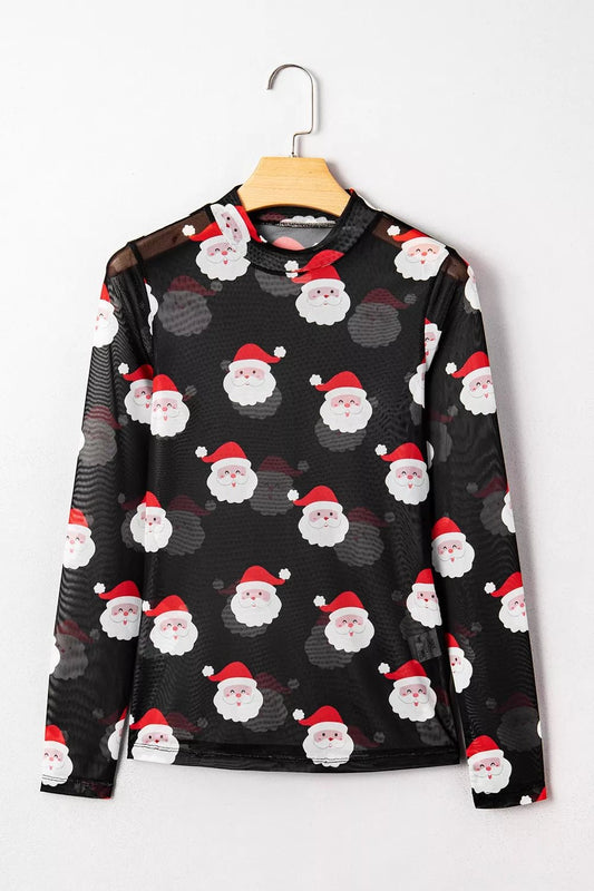 Christmas Santa Print Mesh Long Sleeve Top - Onestop clothes shop