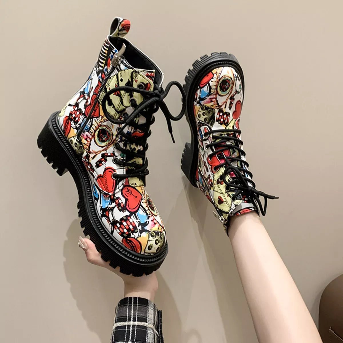 Graffiti Print Combat Boots with Colorful Street Art Design - Onestop clothes shop