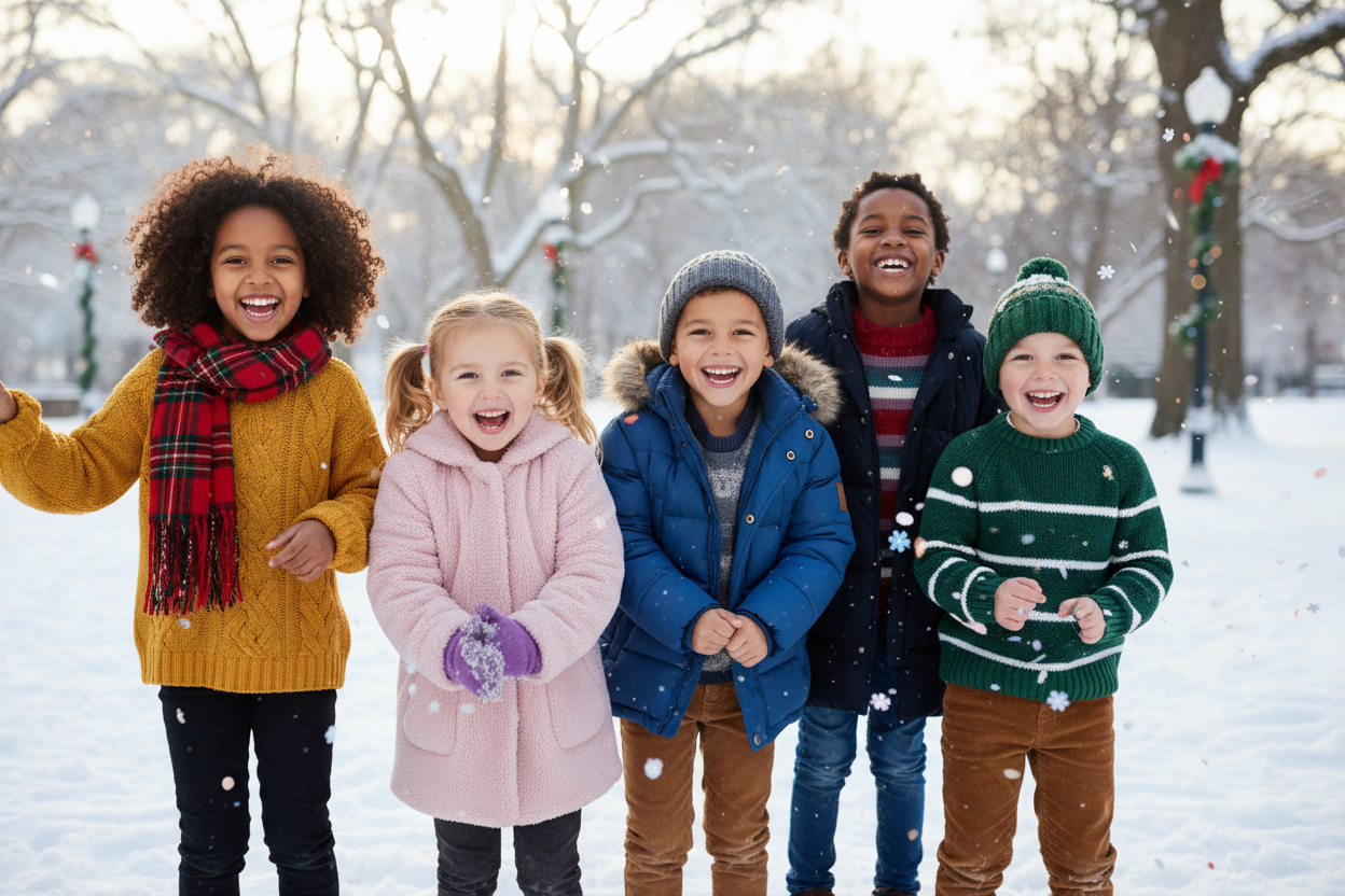 children different ages both male and female mixed race kids also showcasing there new winter clothes