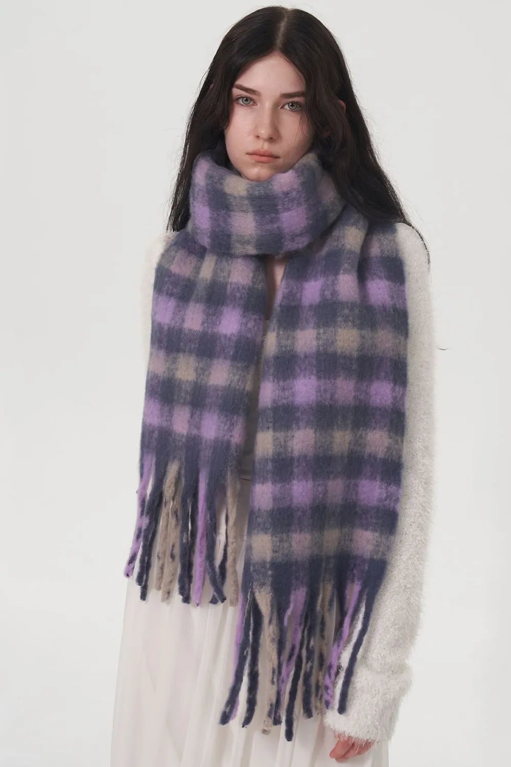 Fringe Plaid Polyester Scarf - Onestop clothes shop