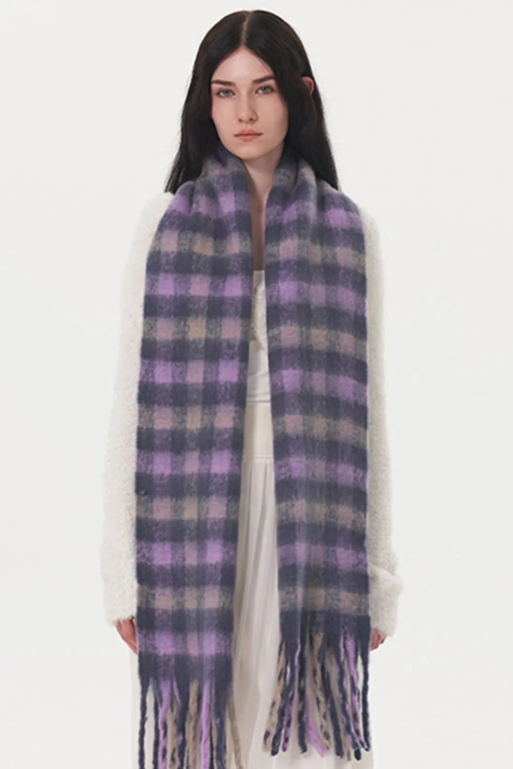 Fringe Plaid Polyester Scarf - Onestop clothes shop