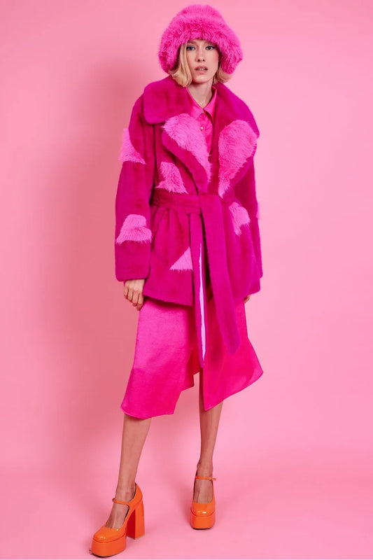 Pink Eco Bamboo Faux Fur Coat with Love Heart Detailing