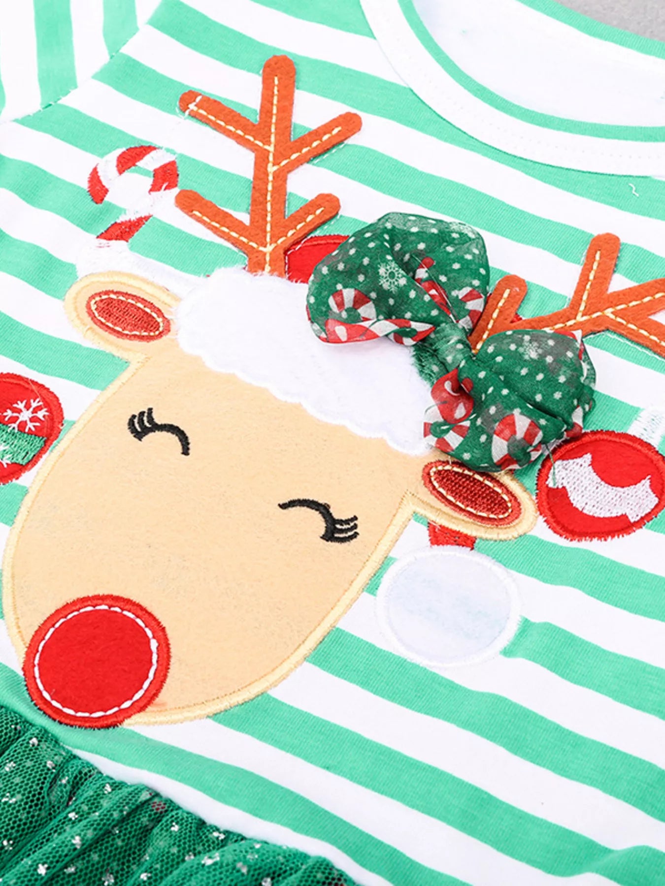 Children's Christmas Reindeer Applique Striped Long Sleeve Dress - Onestop clothes shop