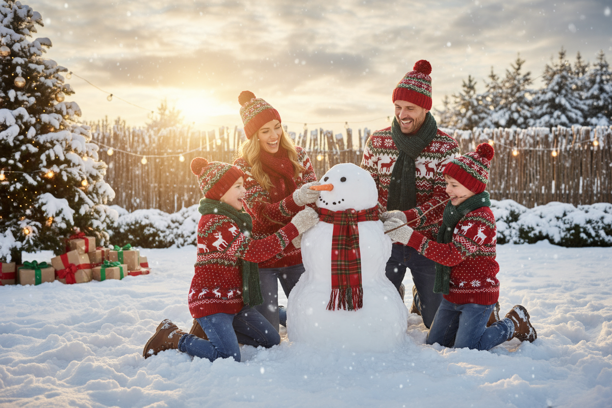 nice christmass collection image with a family in christmas clothes in the garden building a snowman 