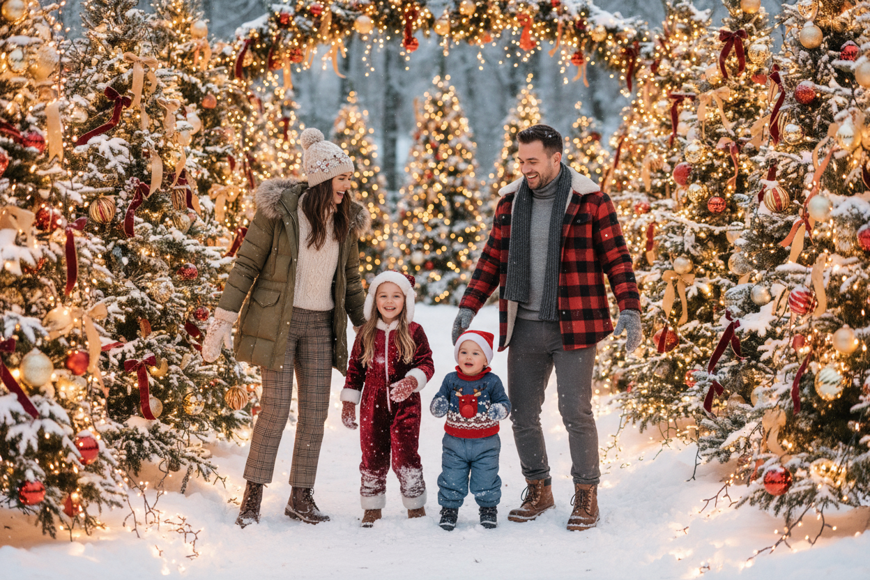 young family playing in the snow with christmas lights and trees around them decorated have them in stylish christmas clothes